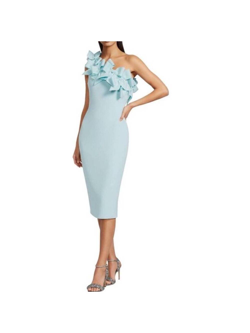 Badgley Mischka 3D Bow One Shoulder Column Dress Light Blue sz 0 NWT Prom Oscar